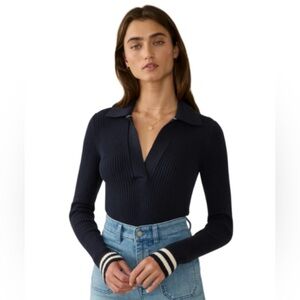 Faherty Stretch Cotton Cashmere Ribbed Polo in Retro Navy Stripe